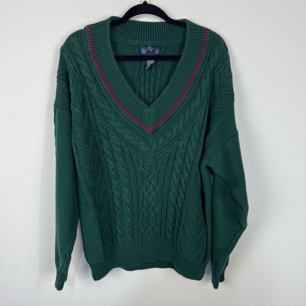 Vintage Land's End Green Chunky Cable Knit V Neck Sweater Christmas Holiday